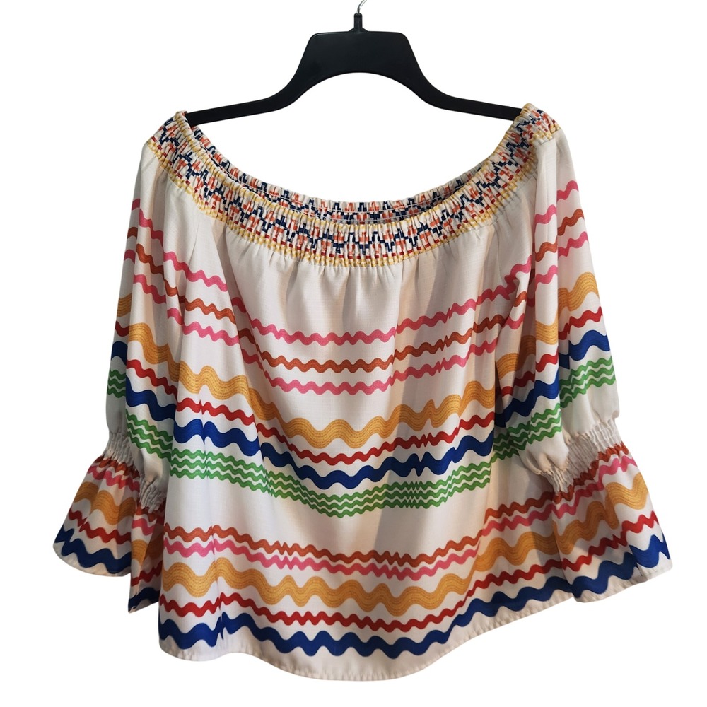 Flying Tomato Womens L Off‎ Shoulder Blouse Multi Color Rick Rack IT10646 White